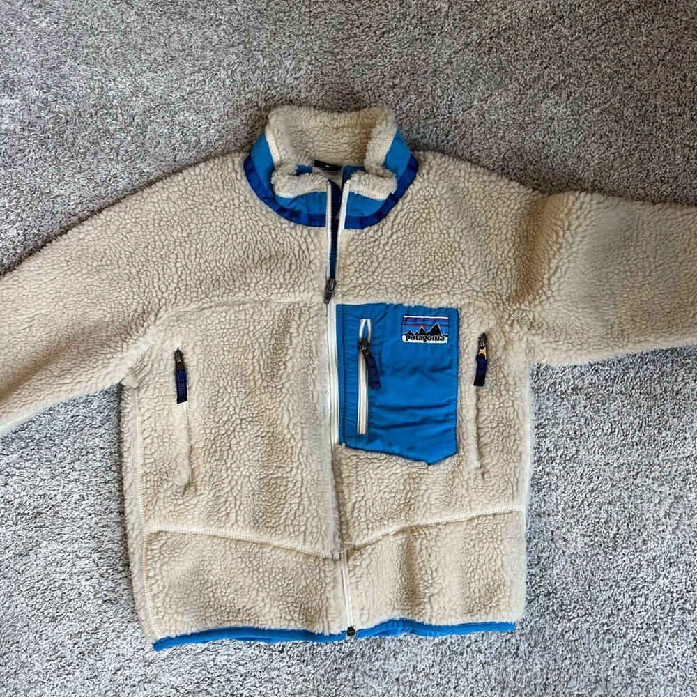 Vintage Patagonia Kids Fleece Jacket - Cream and Blue